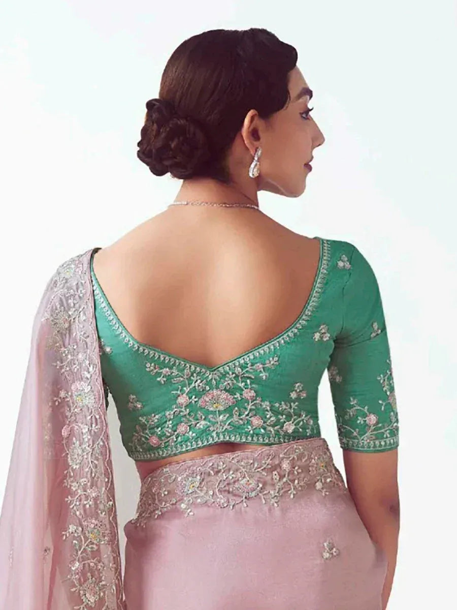 Green embroidered lehenga choli with backless blouse and pink dupatta, Indian ethnic wear