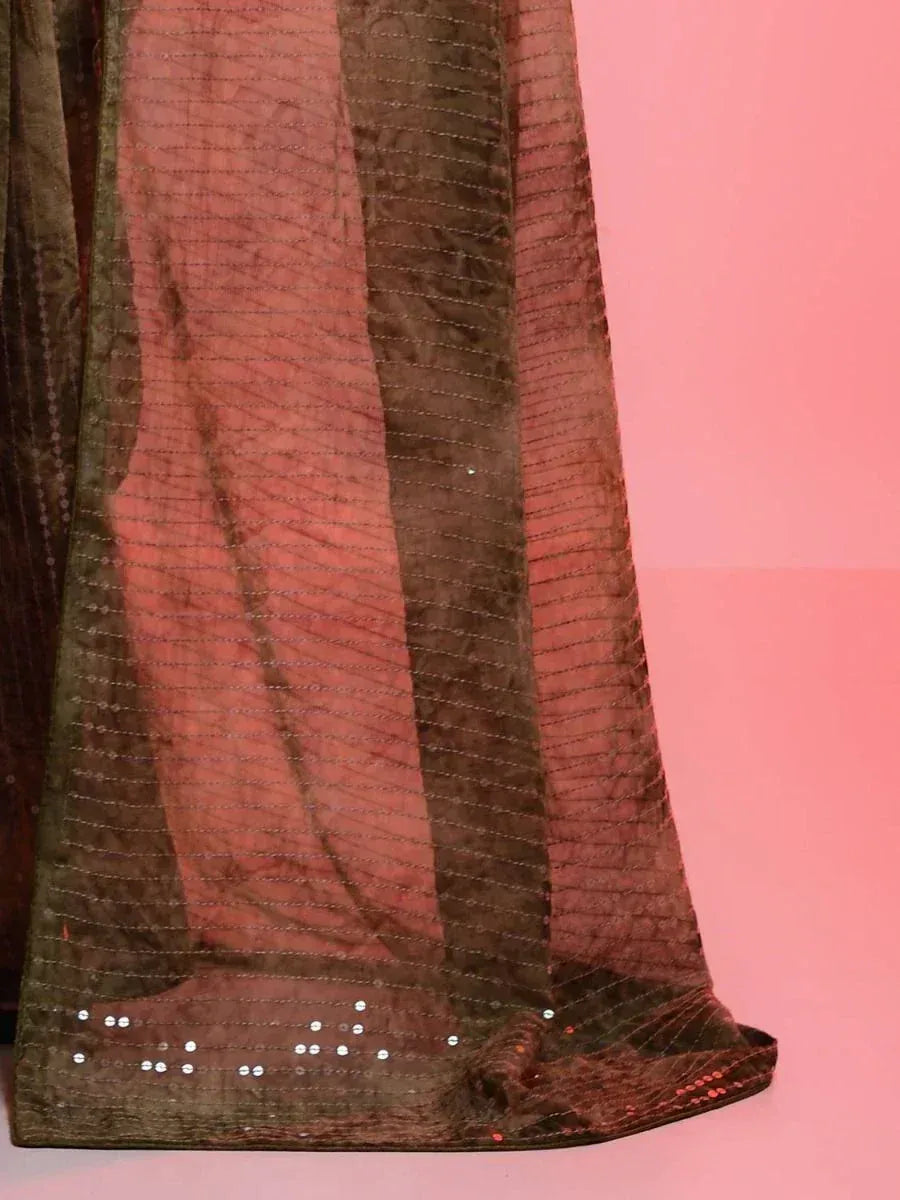 Brown velvet ethnic gown with sheer overlay and sequin detailing, perfect for Indian festive wear