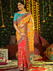 Yellow & Orange Embroidery Cadbury Silk Bridal Wear Panetar Saree