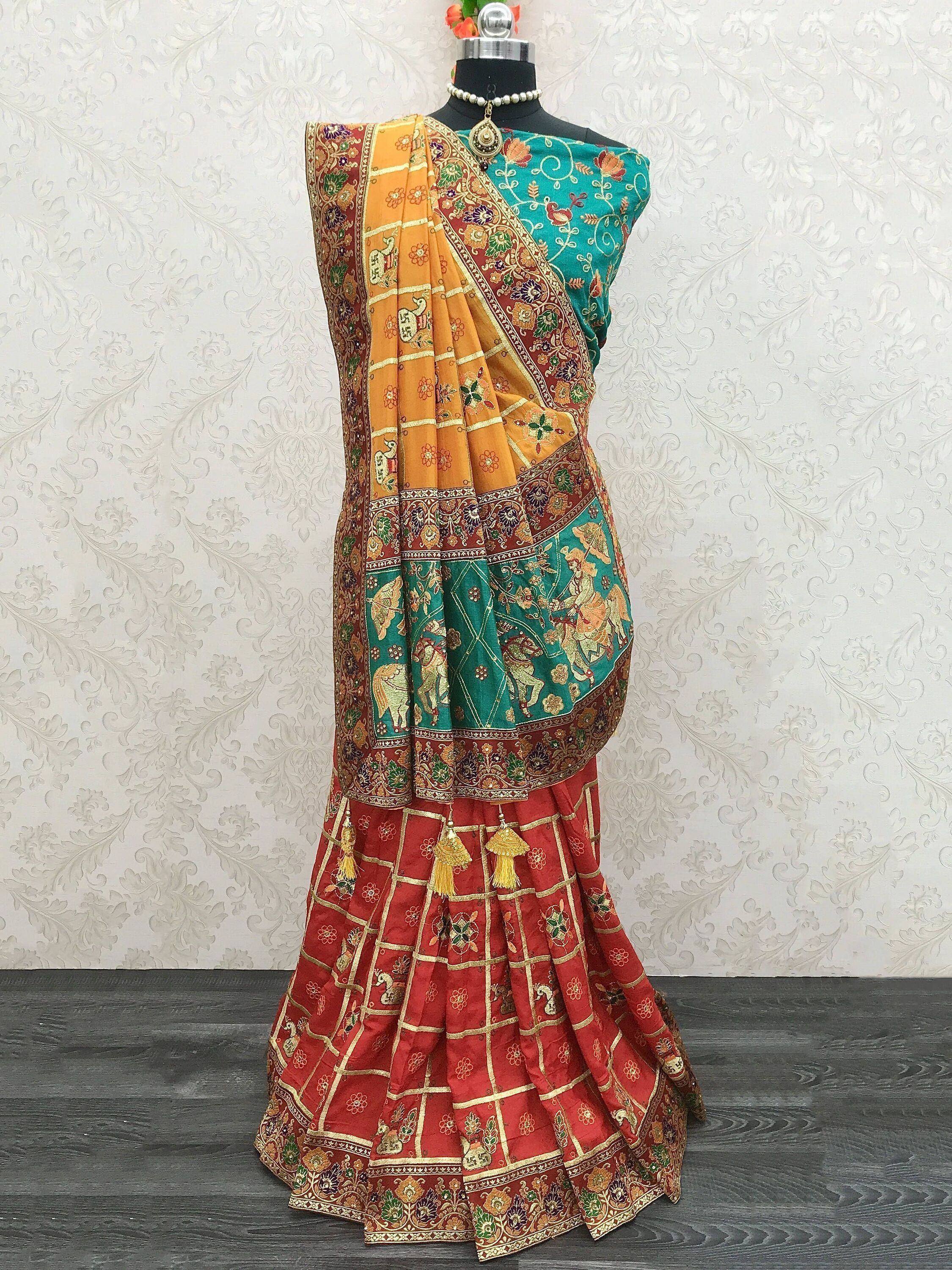 Designer lehenga choli with embroidered saree dupatta, ethnic Indian wear for festive occasions