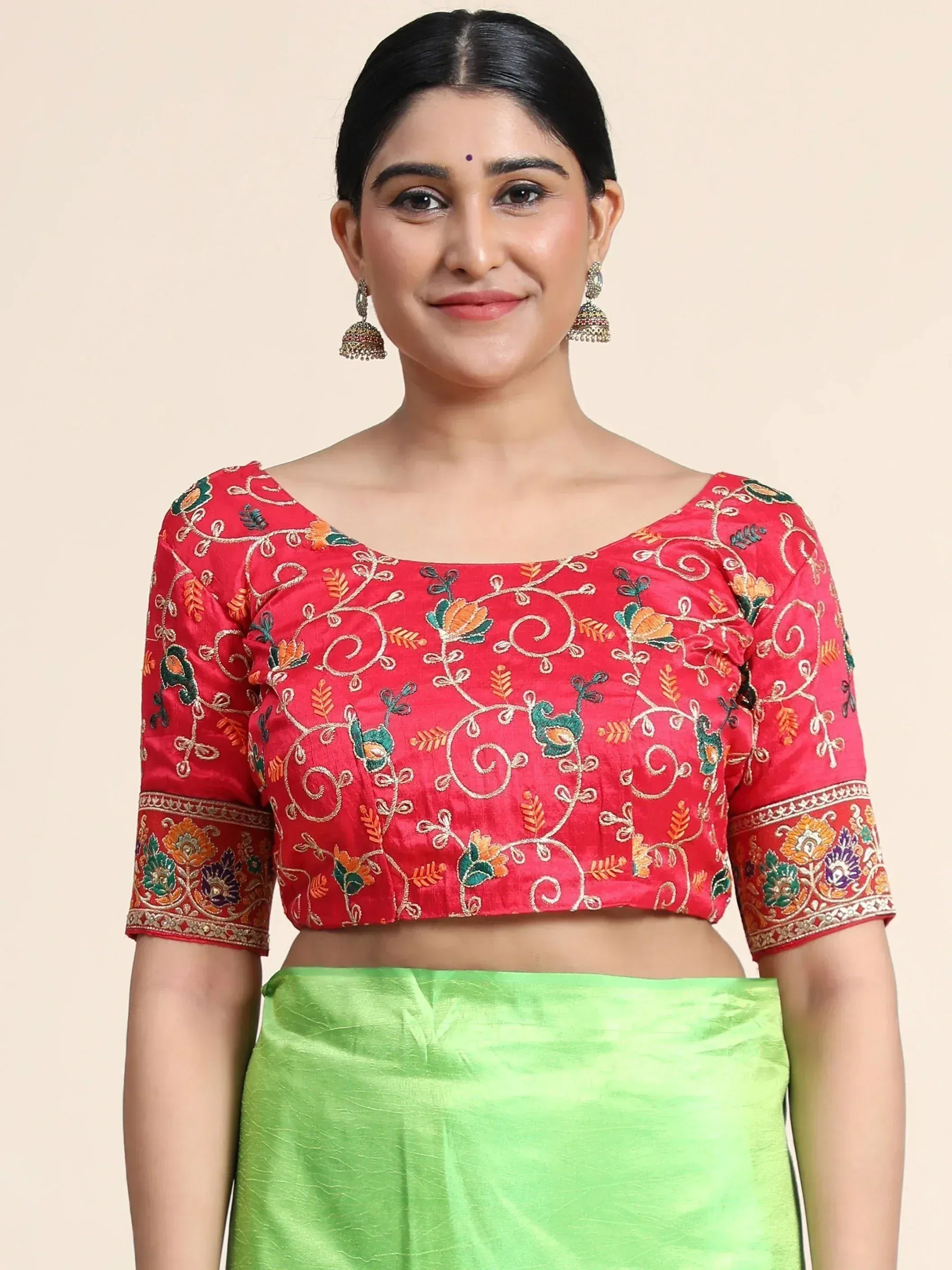 Red embroidered blouse with green skirt, Indian ethnic wear for women