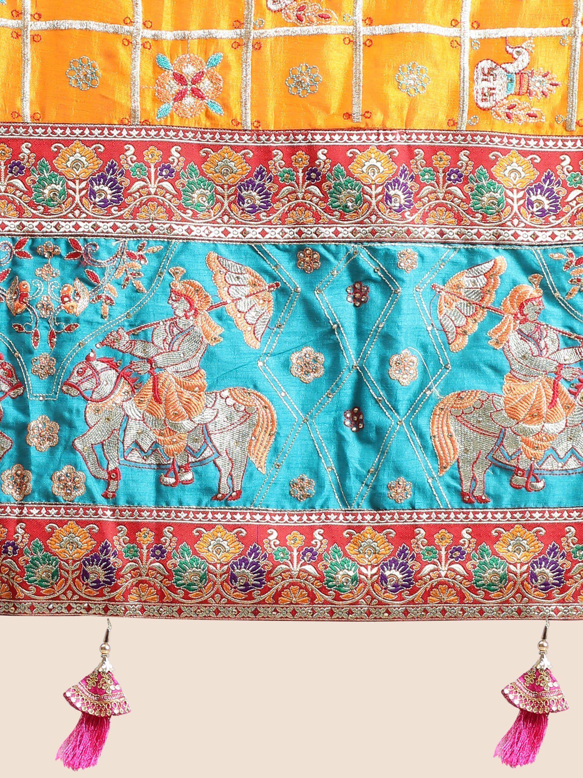Vibrant Indian ethnic wear with intricate horse rider embroidery, floral borders, and pink tassels for festive occasions.