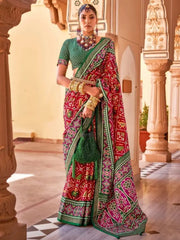 Glamorous Red and Green Patola Print on Silk Sarees with Blouse