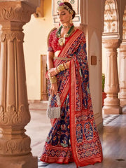 Charm of Navy Blue and Maroon Patola Silk Wedding Saree and Blouse