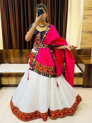 Charming White Gamthi Work Cotton Navratri Wear Lehenga Choli