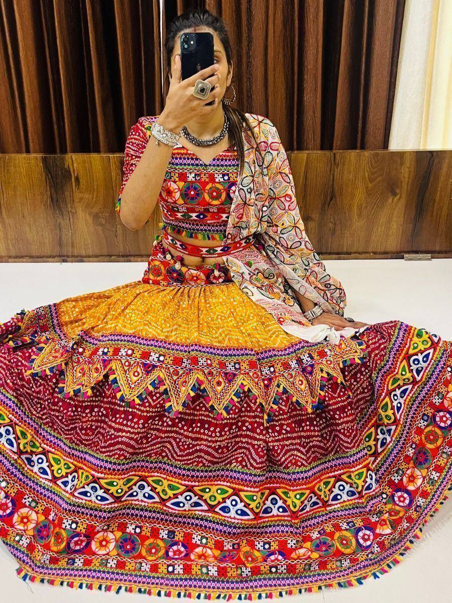 Vibrant multicolor embroidered lehenga choli with mirror work, perfect for Indian ethnic occasions