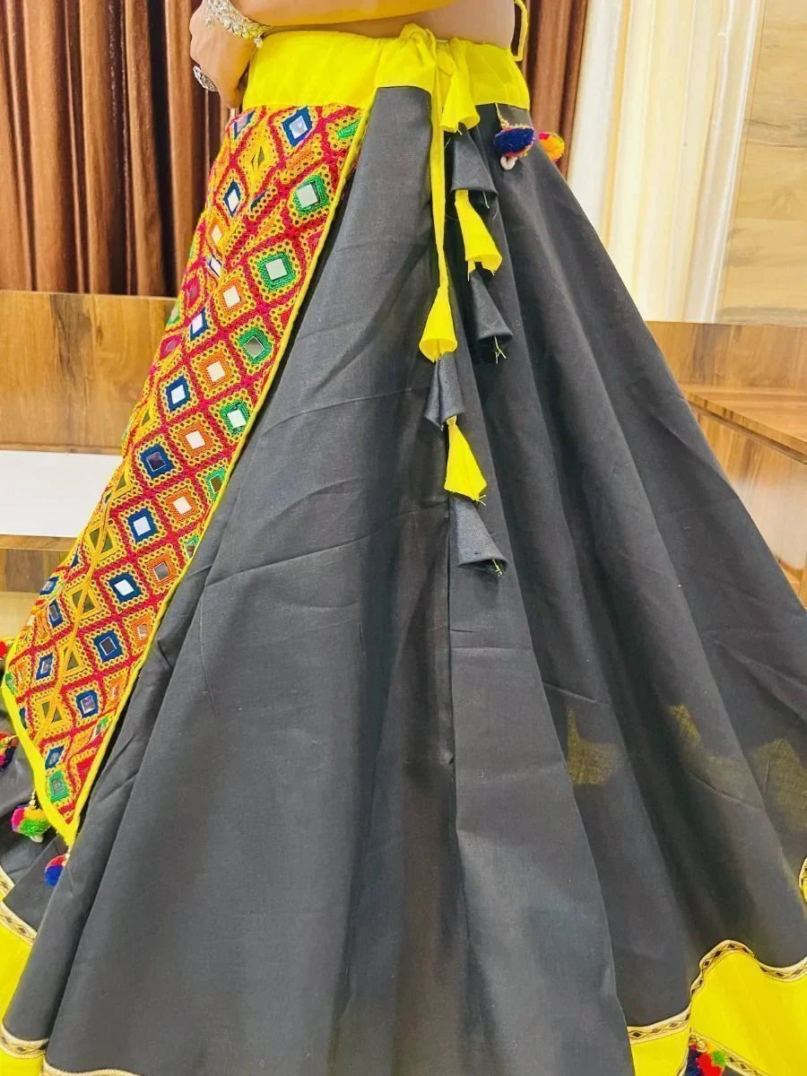 Ultimate Black & Yellow Gamthi-Work Cotton Navratri Lehenga Choli