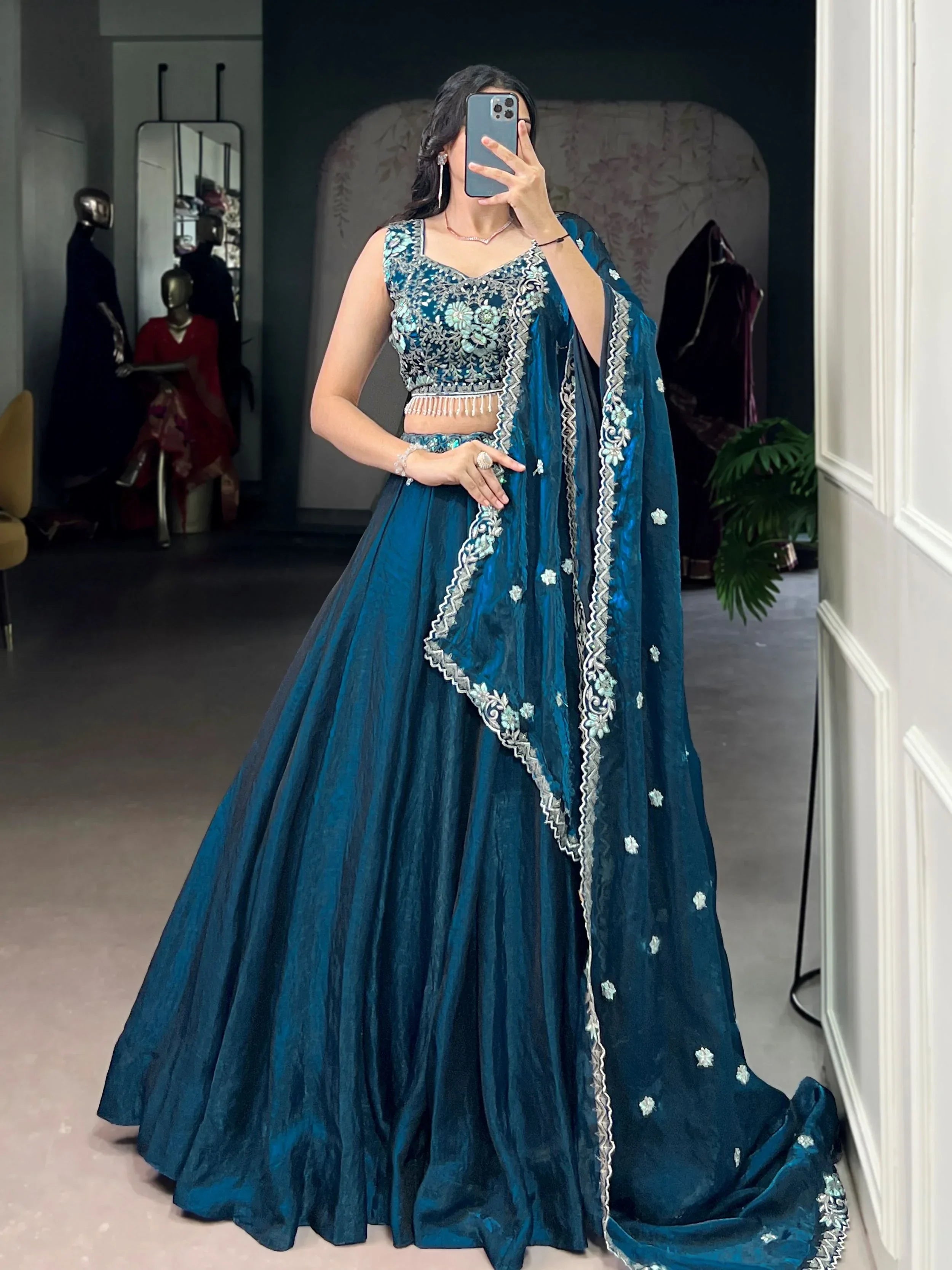 Amazing Teal Blue Organza Floral Embroidery Lehenga Choli With Dupatta