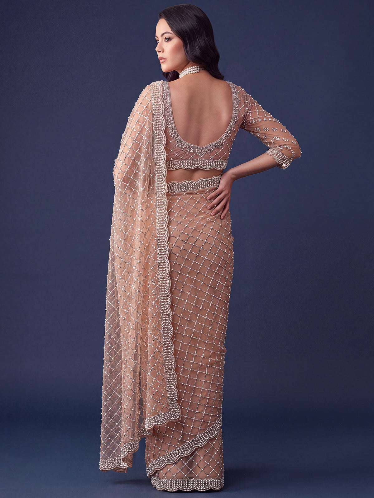 Magnificent Peach Bead Work Net Function Wear Saree With Blouse