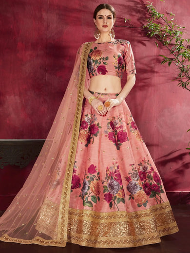 Peach Floral Printed Banglori Silk Bridal Lehenga Choli With Dupatta