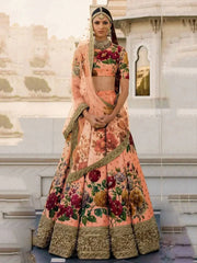 Peach Floral Digital Printed Art Silk Bridal Lehenga Choli