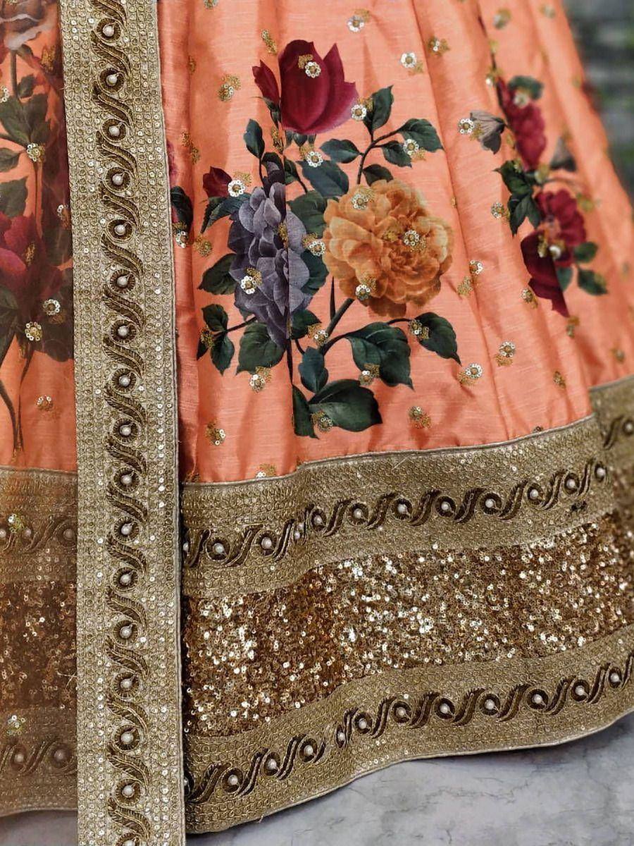 Peach floral lehenga with gold sequin border and embroidered roses, perfect for Indian ethnic wear