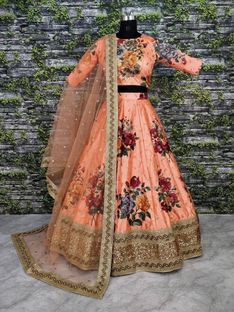 Peach floral lehenga choli with gold embroidery and sheer dupatta, Indian ethnic wear
