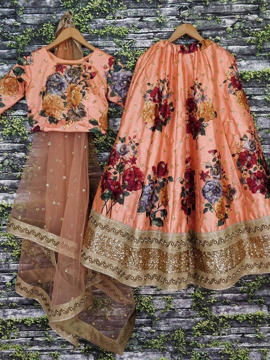 Peach Floral Digital Printed Art Silk Bridal Lehenga Choli