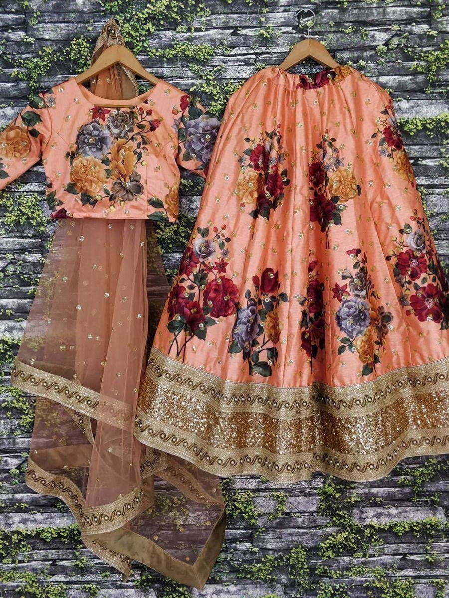 Peach floral lehenga choli with gold embroidery, perfect for Indian ethnic wear occasions