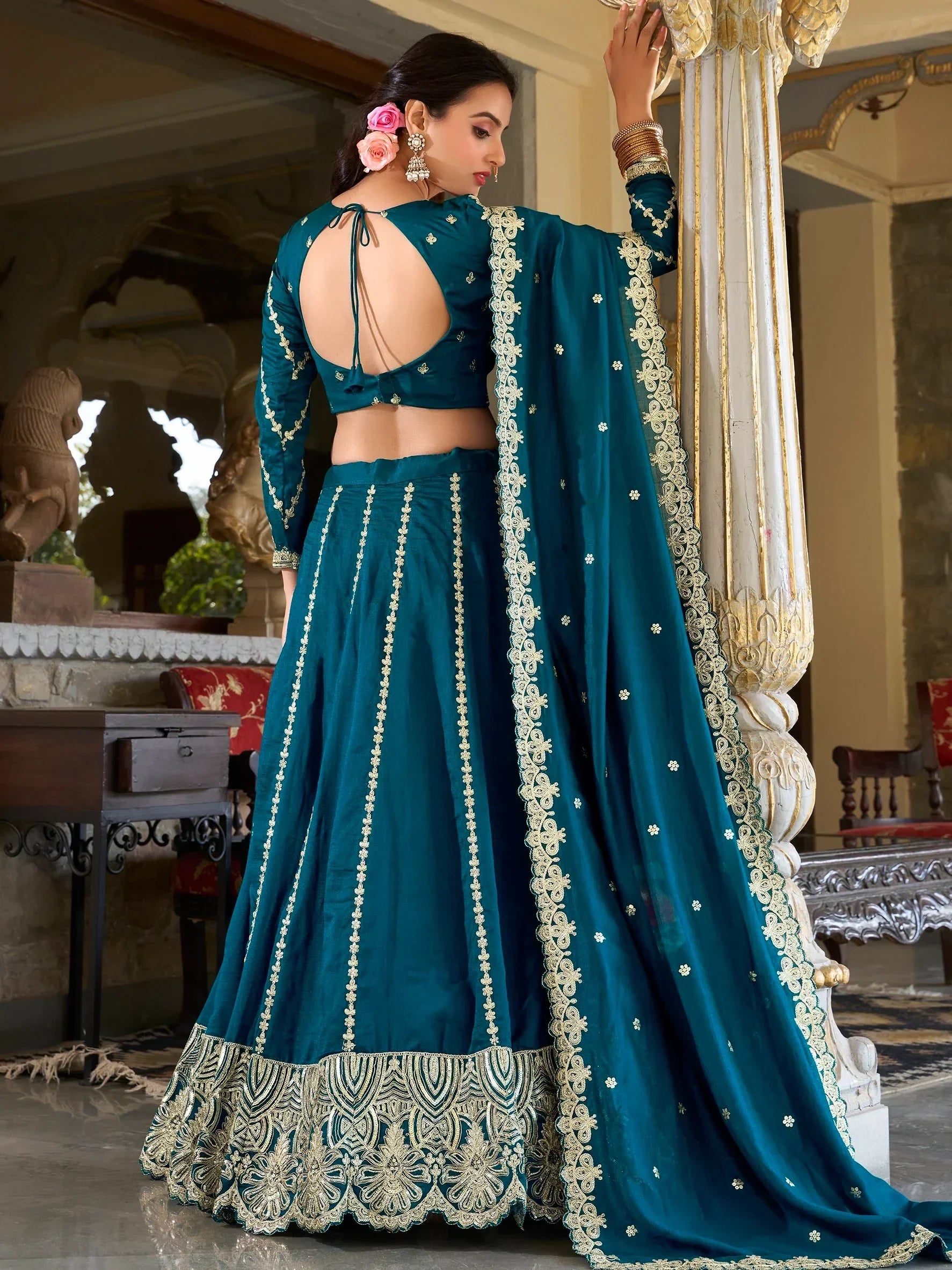 Phenomenal Teal Blue Sequins Vichitra Silk Engagement Wear Lehenga Choli - Ethnic Plus In