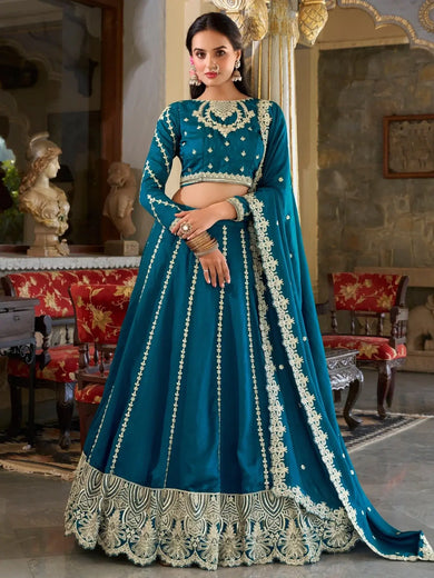Phenomenal Teal Blue Sequins Vichitra Silk Engagement Wear Lehenga Choli - Ethnic Plus In
