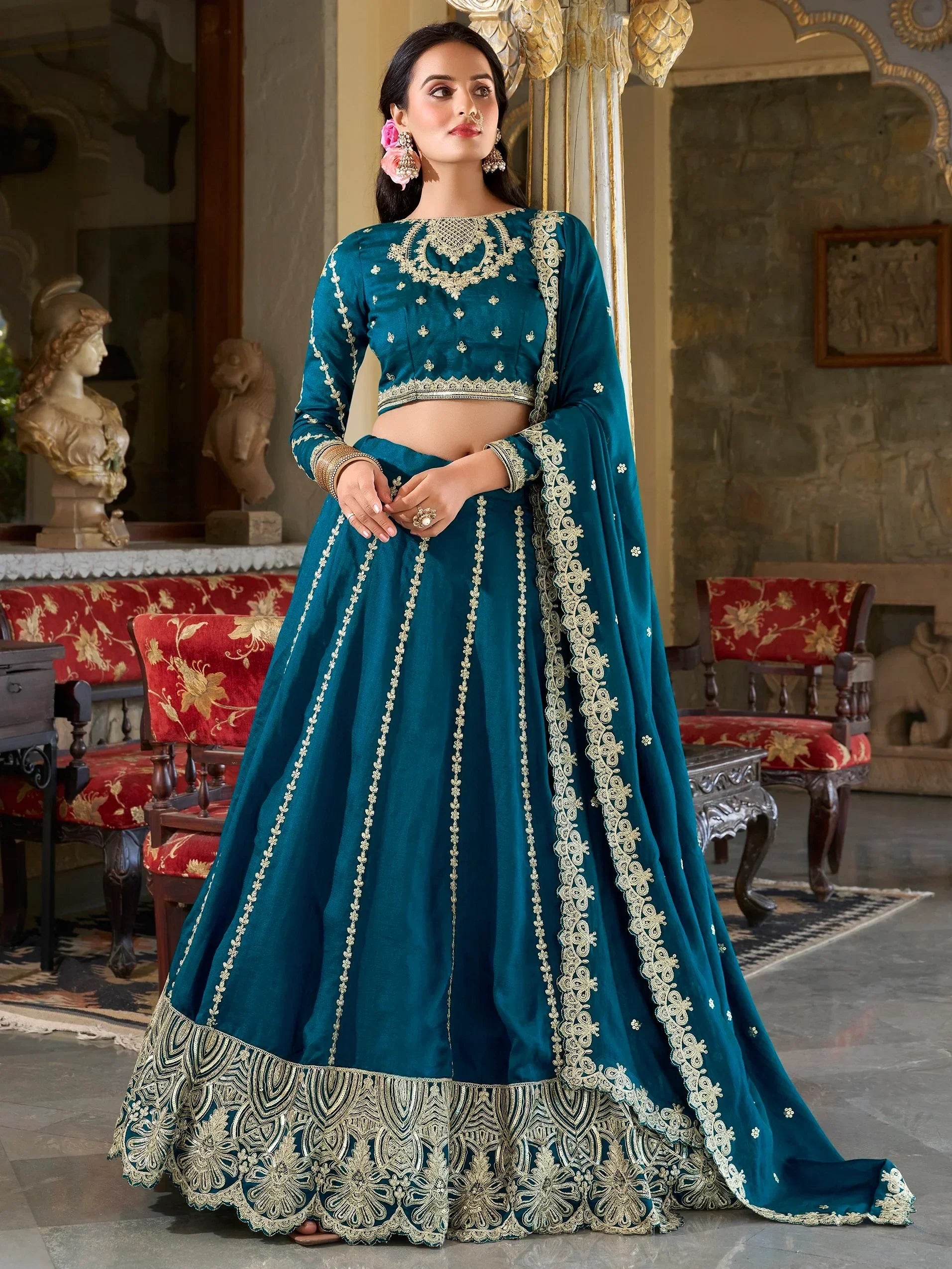 Phenomenal Teal Blue Sequins Vichitra Silk Engagement Wear Lehenga Choli - Ethnic Plus In