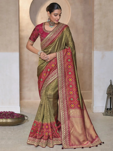 Alluring Olive Color Patola Kanjivaram Weaving Function Wear Saree With Blouse