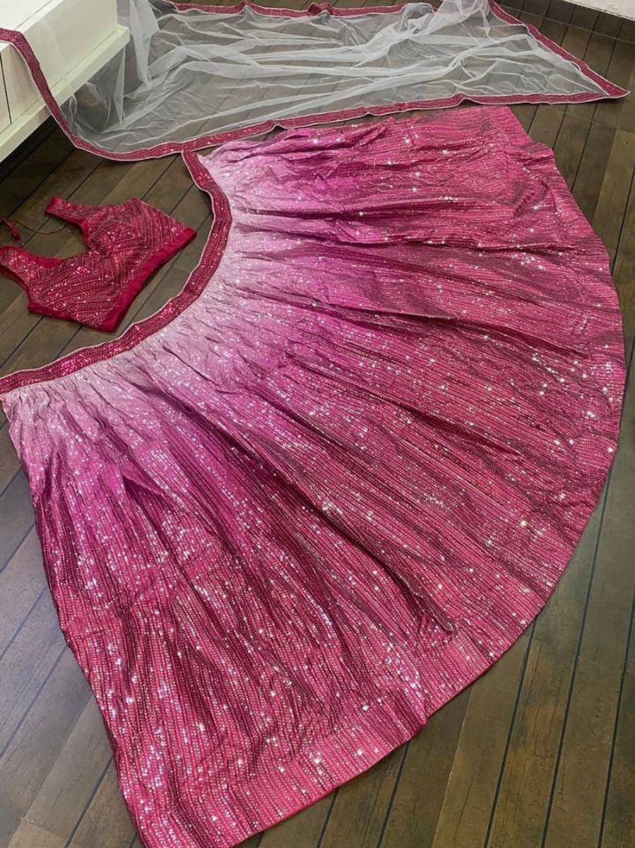 Pink sequin lehenga choli with sheer dupatta, ethnic Indian wear for weddings and parties
