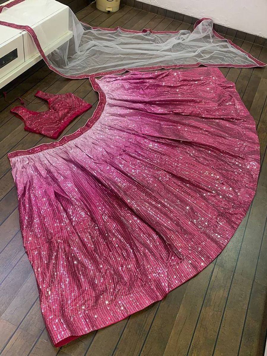 Pink sequin lehenga choli with sheer dupatta, ethnic Indian wear for weddings and parties