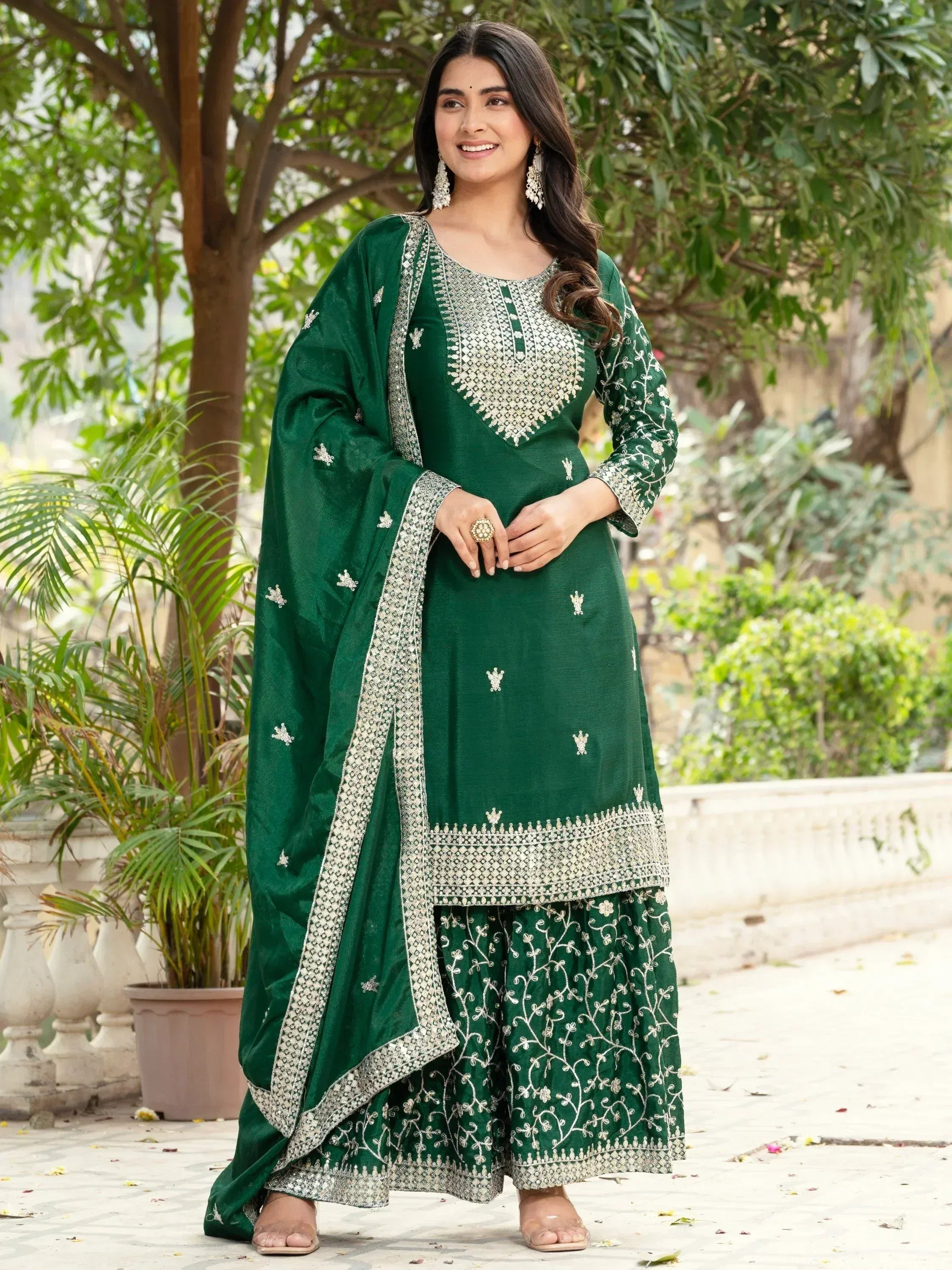 Emerald green embroidered salwar kameez with dupatta, Indian ethnic wear for women