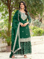 Incredible Green Sequins Chinon Mehendi Wear Sharara Suit With Dupatta