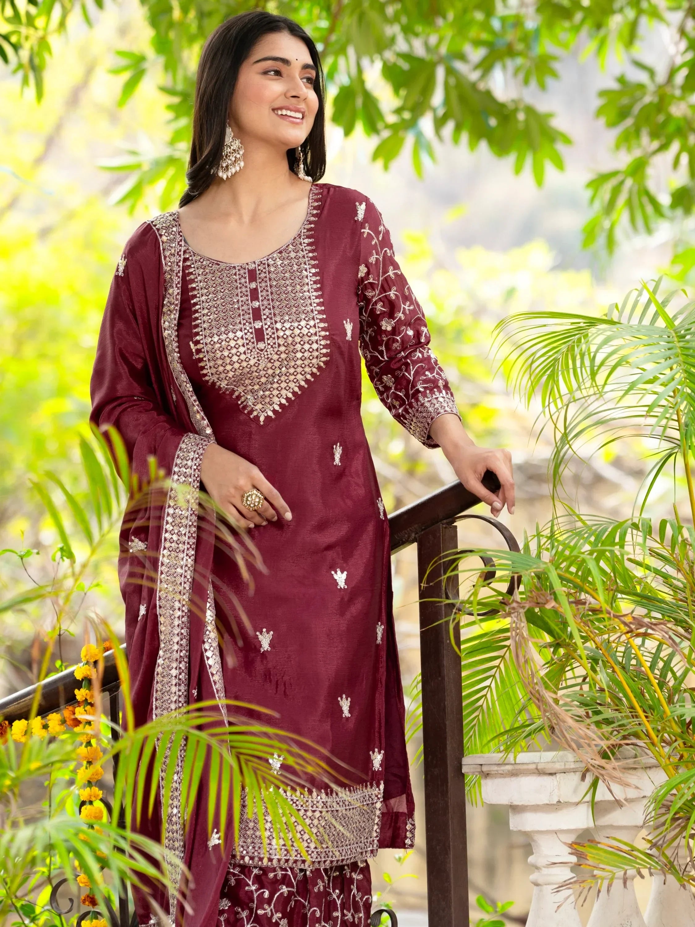 Awesome Maroon Sequins Chinon Wedding Wear Sharara Suit