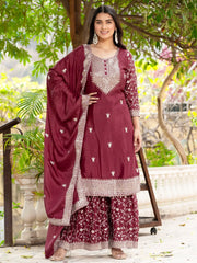 Awesome Maroon Sequins Chinon Wedding Wear Sharara Suit
