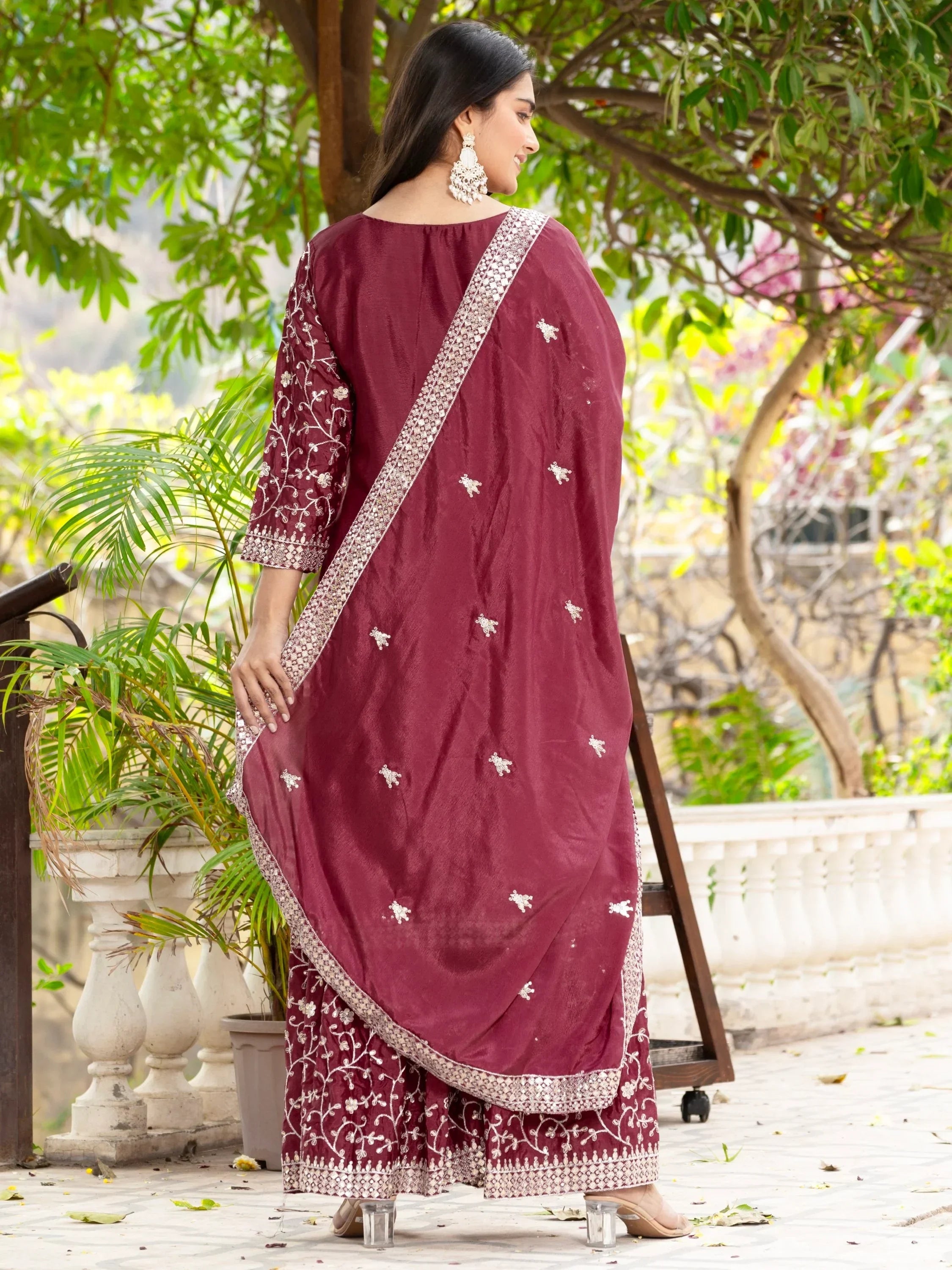 Awesome Maroon Sequins Chinon Wedding Wear Sharara Suit