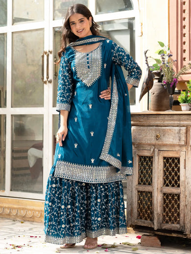 Gorgeous Teal Blue Sequins Chinon Festive Wear Sharara Suit With Dupatta