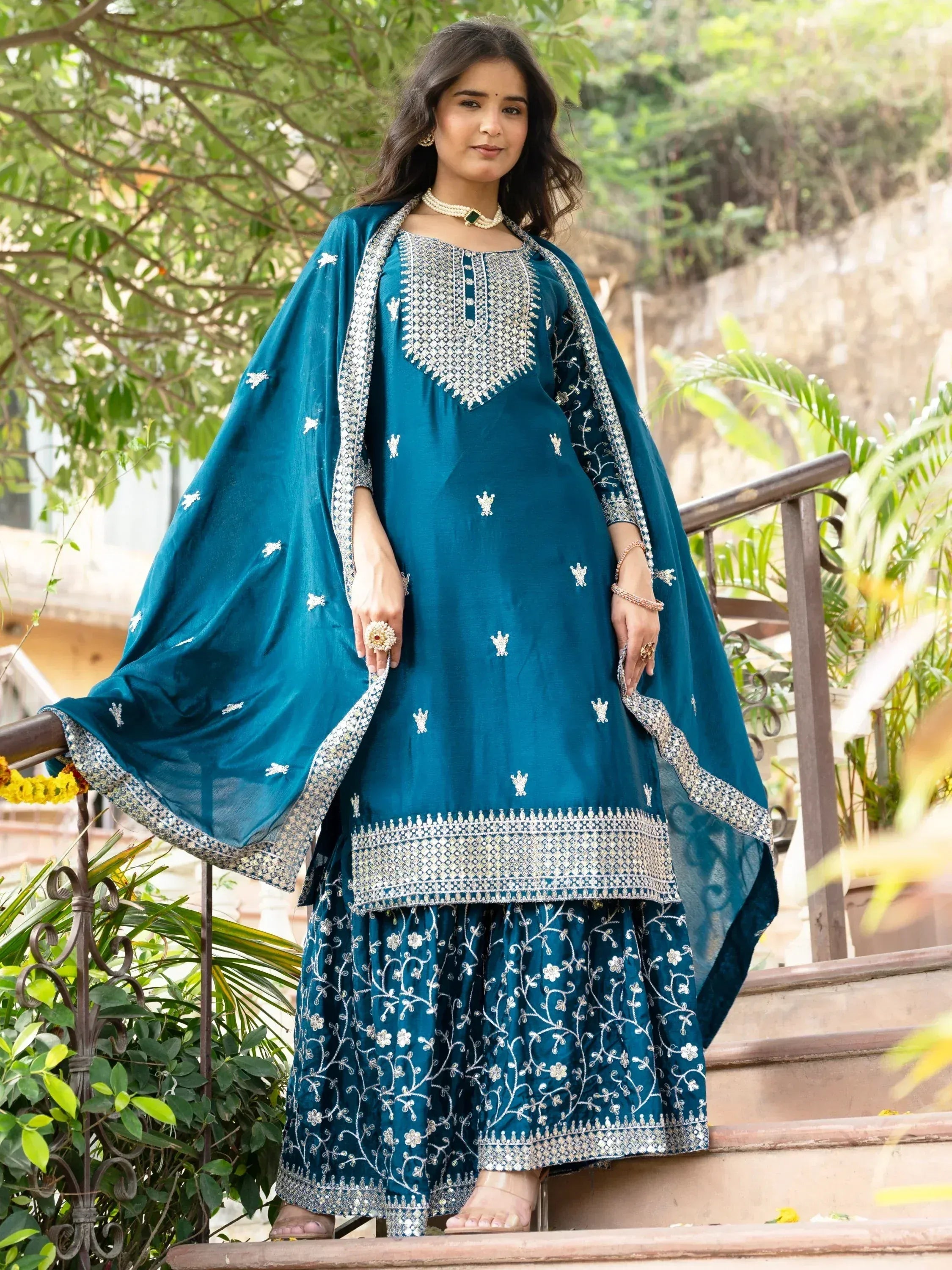 Teal embroidered Anarkali suit with dupatta, perfect for Indian ethnic wear occasions