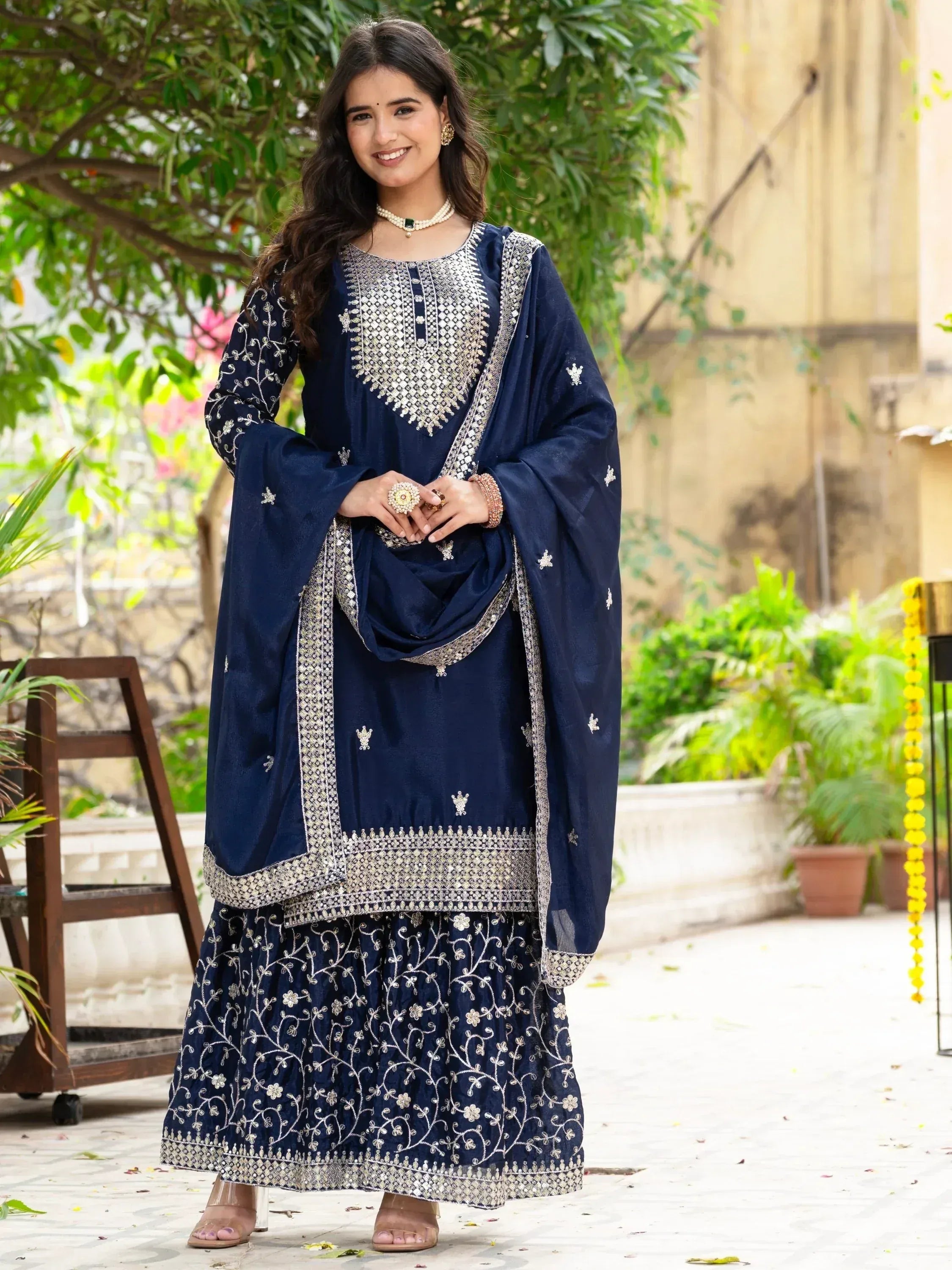 Navy blue embroidered salwar kameez with silver work, perfect for Indian ethnic occasions