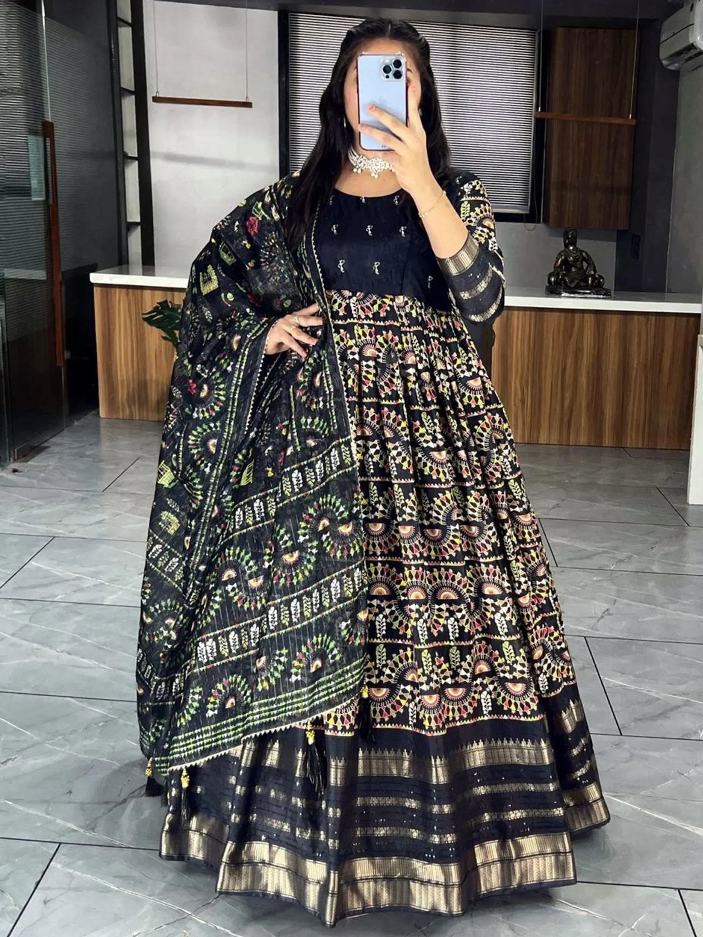 Black printed ethnic lehenga choli with dupatta, perfect for Indian weddings and festive occasions
