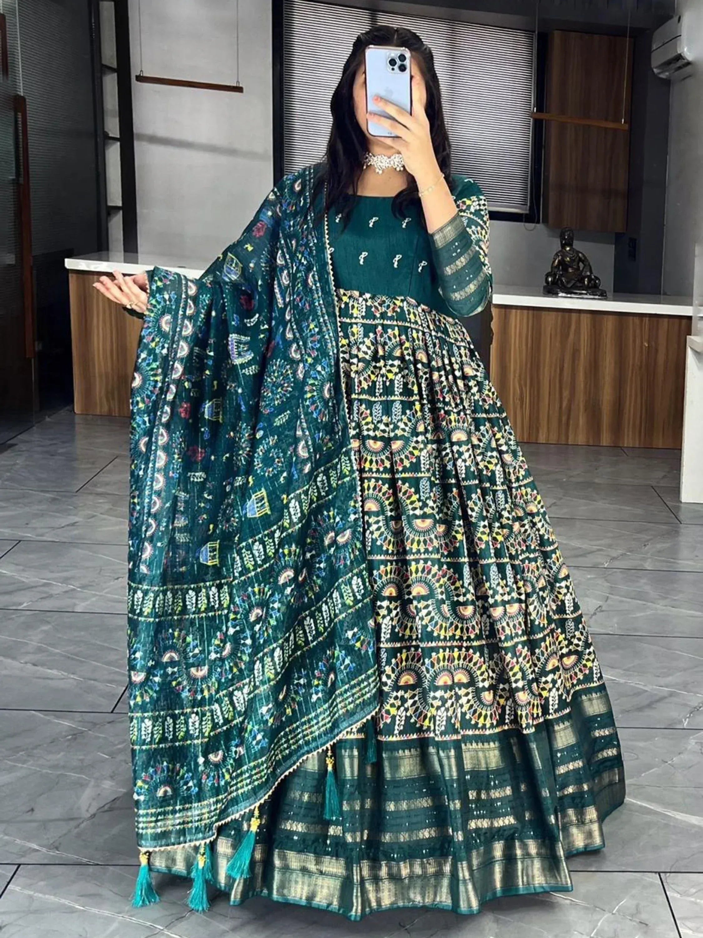 Emerald green printed anarkali suit with dupatta, ethnic wear for women