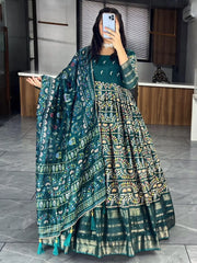 Memorable Teal Blue Zari Weaving Cotton Silk Wedding Wear Gown