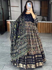 Precious Black Zari Weaving Cotton Silk Event Wear Gown With Dupatta