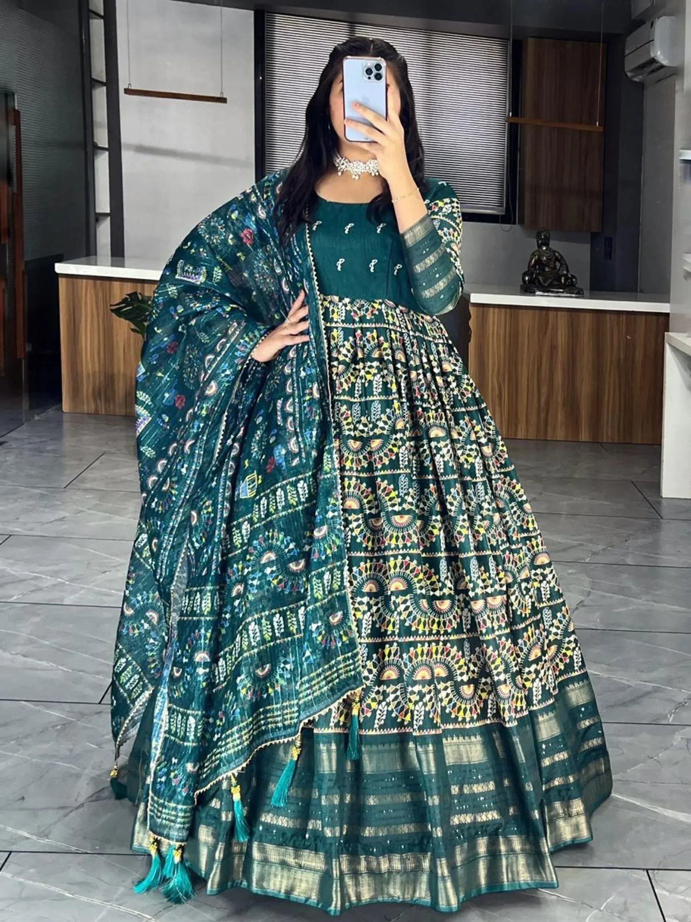 Emerald green printed lehenga choli with matching dupatta, ethnic Indian wear for women