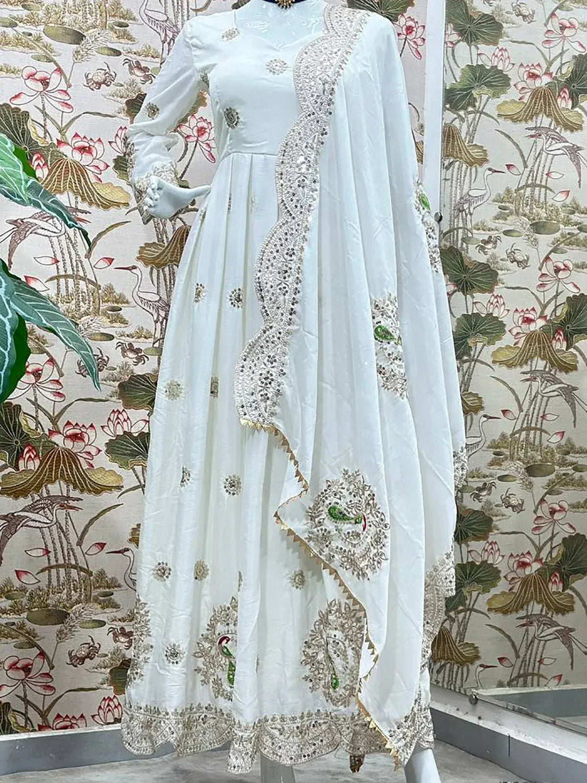 Fascinating Off-White Sequins Chinon Traditional Anarkali Suit