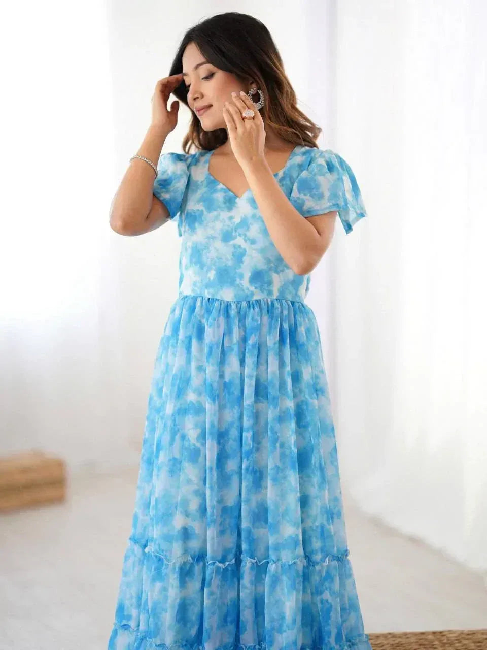 Blue tie-dye ethnic gown with puff sleeves and tiered skirt for women