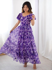 Woman in purple tie-dye ethnic gown with flutter sleeves, Ethnic Plus fashion