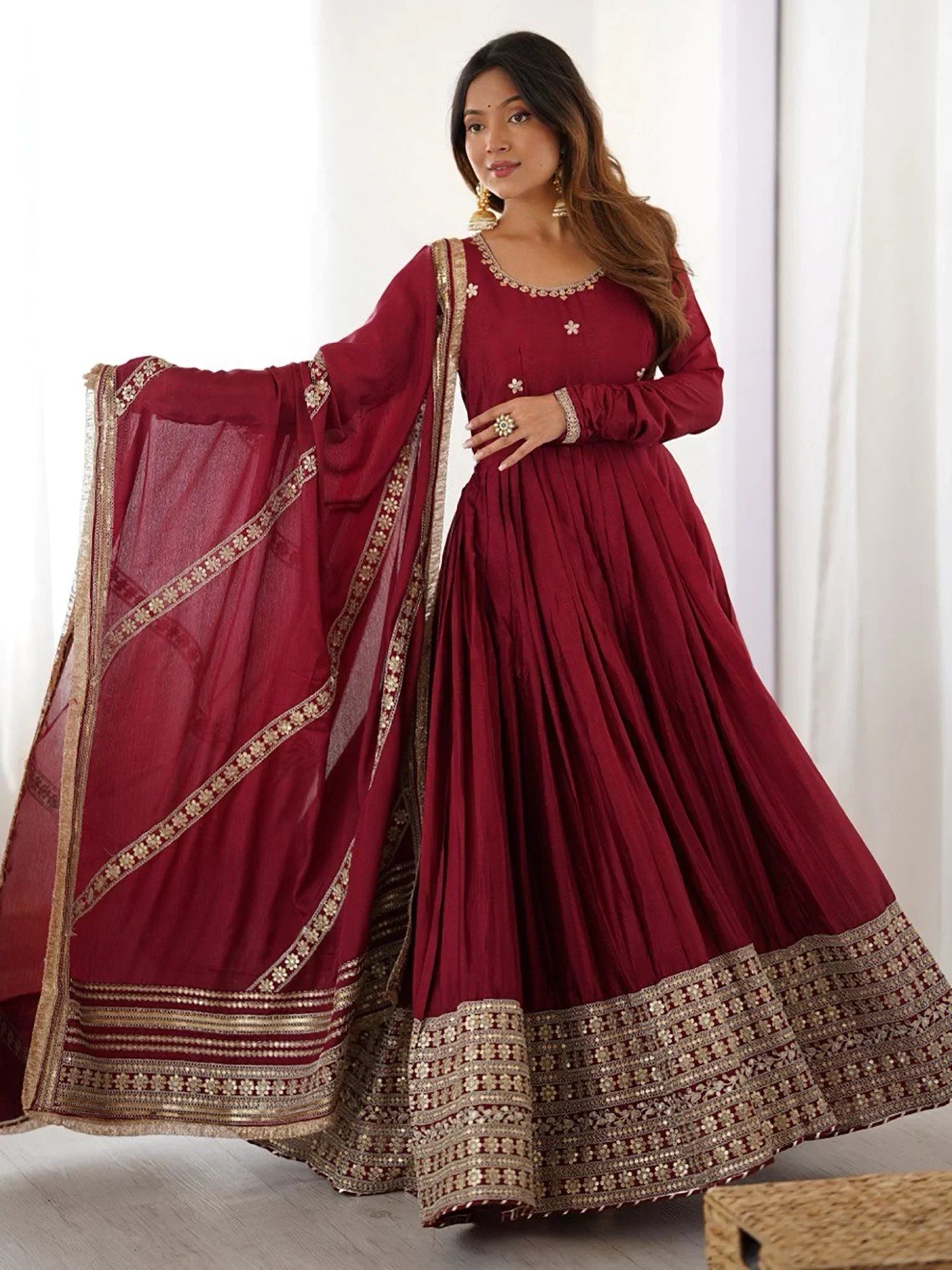 Outstanding Maroon Sequins Embroidered Silk Festive Wear Anarkali Suit