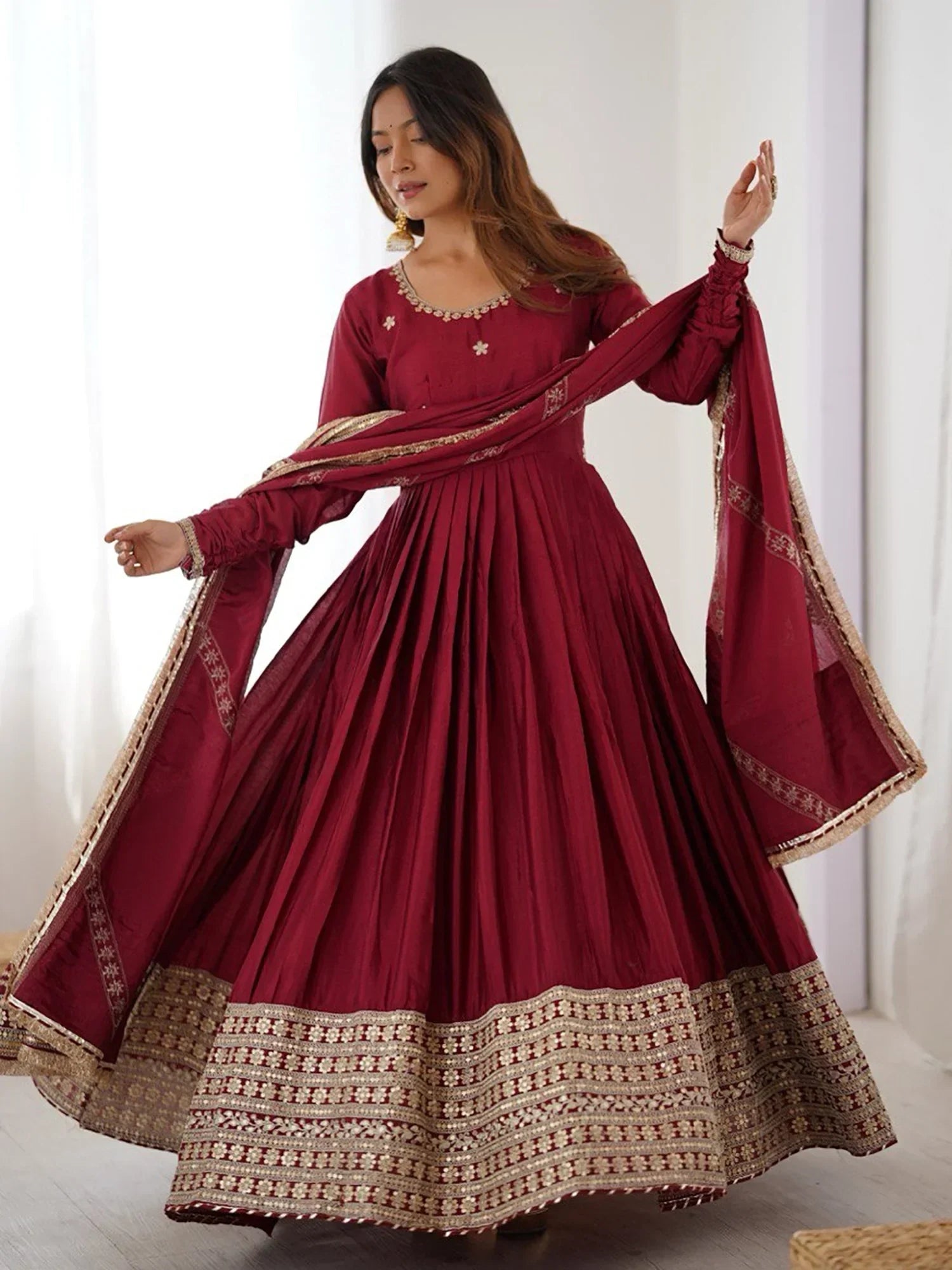 Outstanding Maroon Sequins Embroidered Silk Festive Wear Anarkali Suit