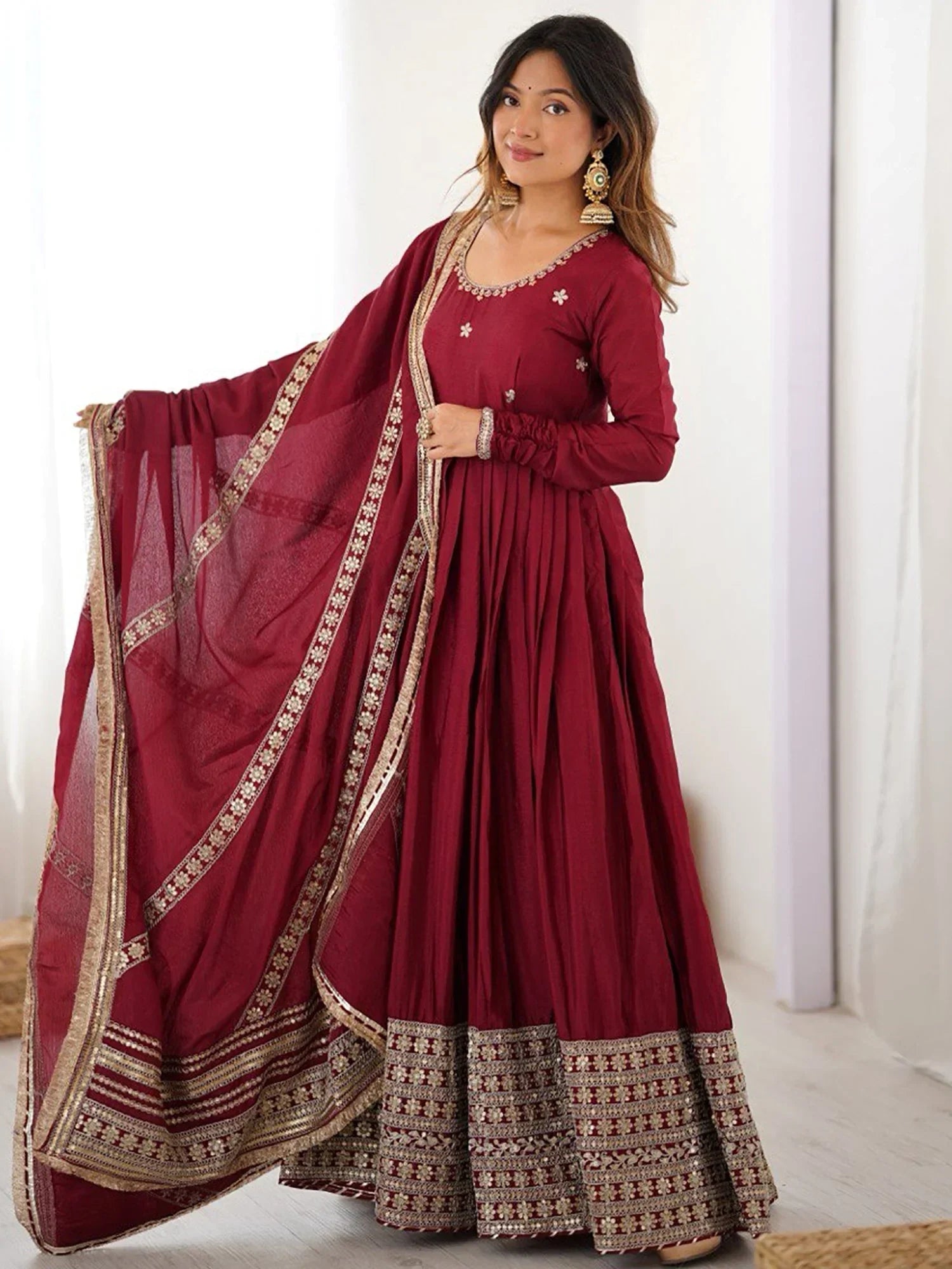 Outstanding Maroon Sequins Embroidered Silk Festive Wear Anarkali Suit