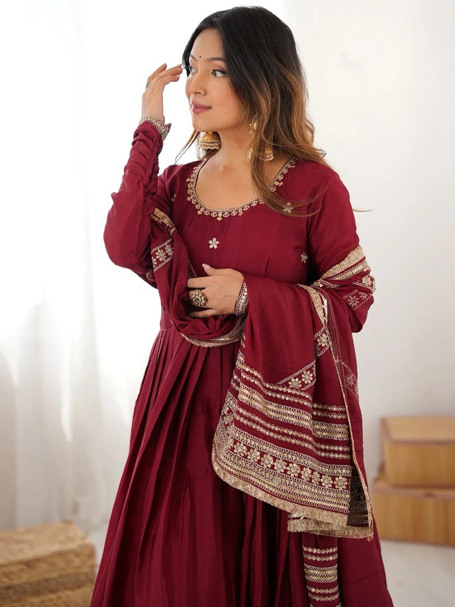 Outstanding Maroon Sequins Embroidered Silk Festive Wear Anarkali Suit