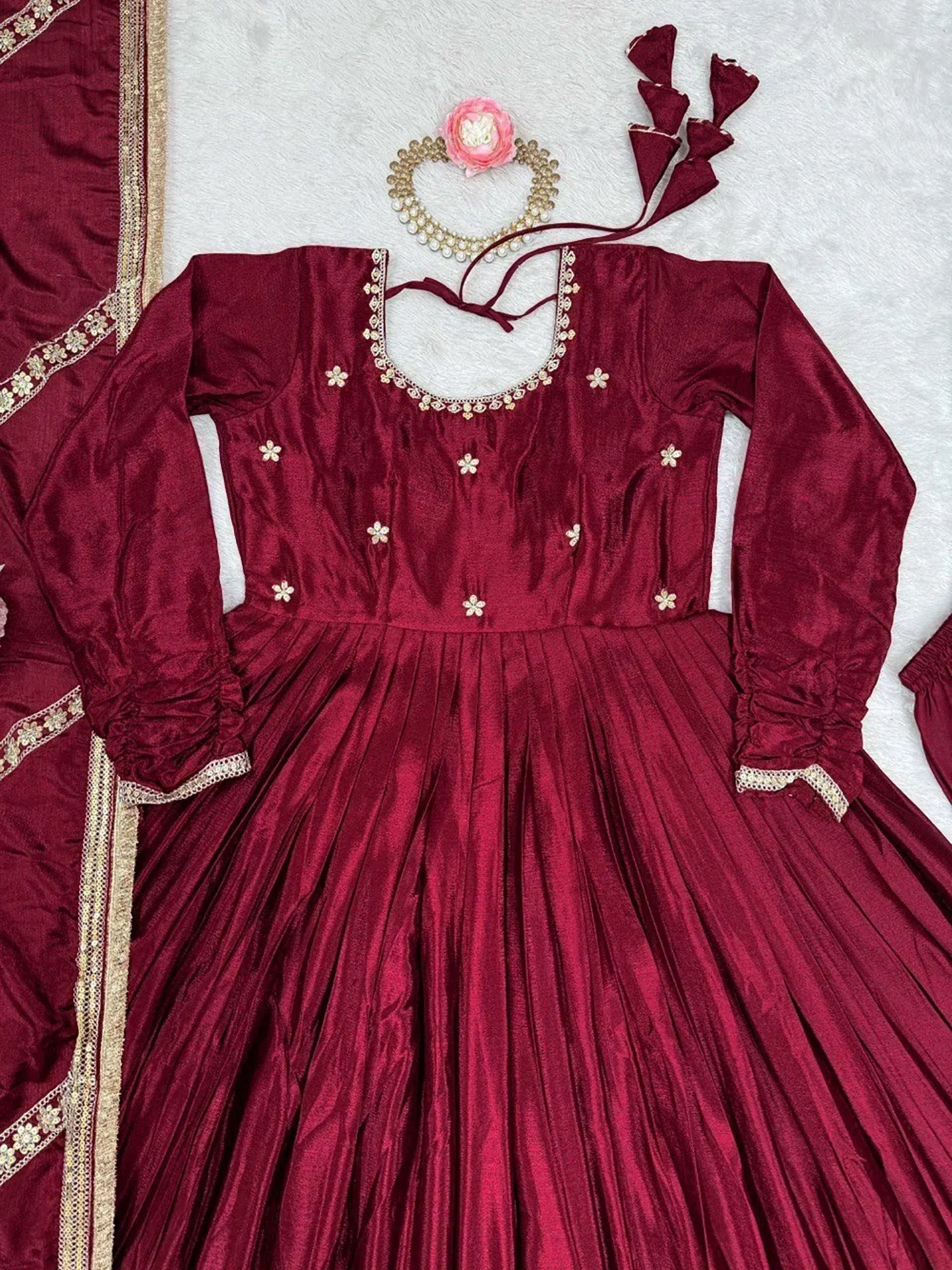 Outstanding Maroon Sequins Embroidered Silk Festive Wear Anarkali Suit