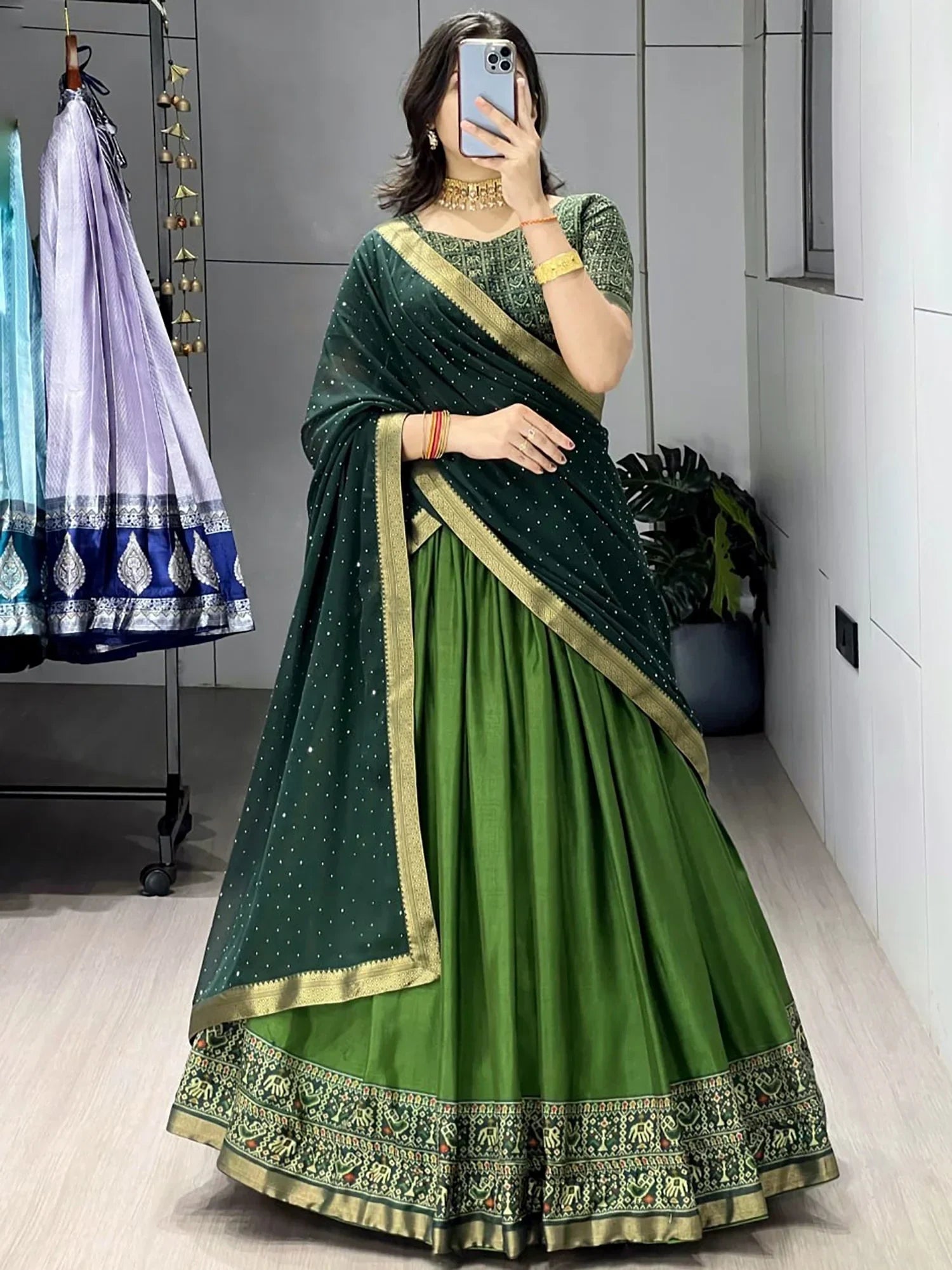 Dazzling Green Printed Cotton Function Wear Half Saree Lehenga