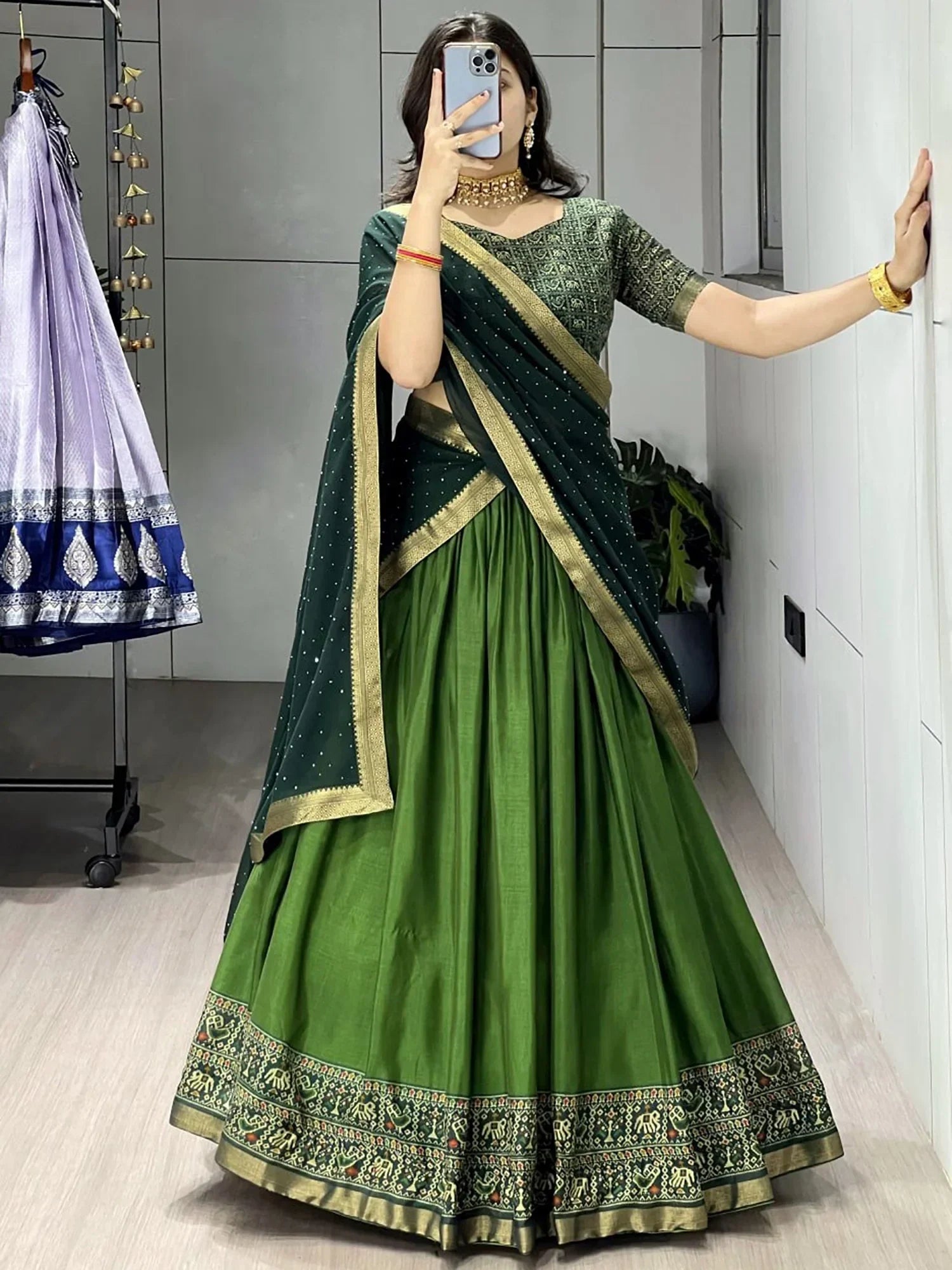 Dazzling Green Printed Cotton Function Wear Half Saree Lehenga