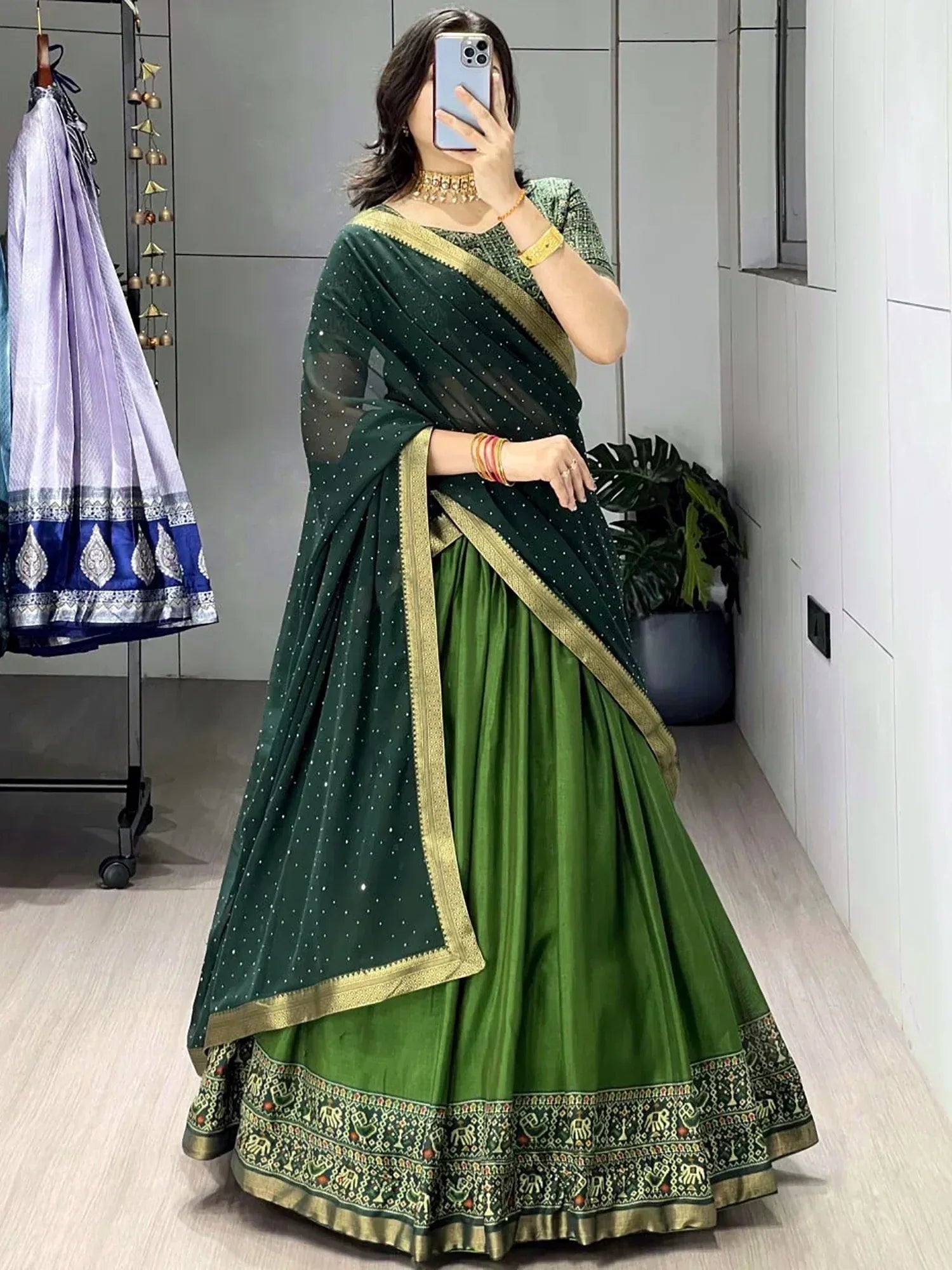 Dazzling Green Printed Cotton Function Wear Half Saree Lehenga