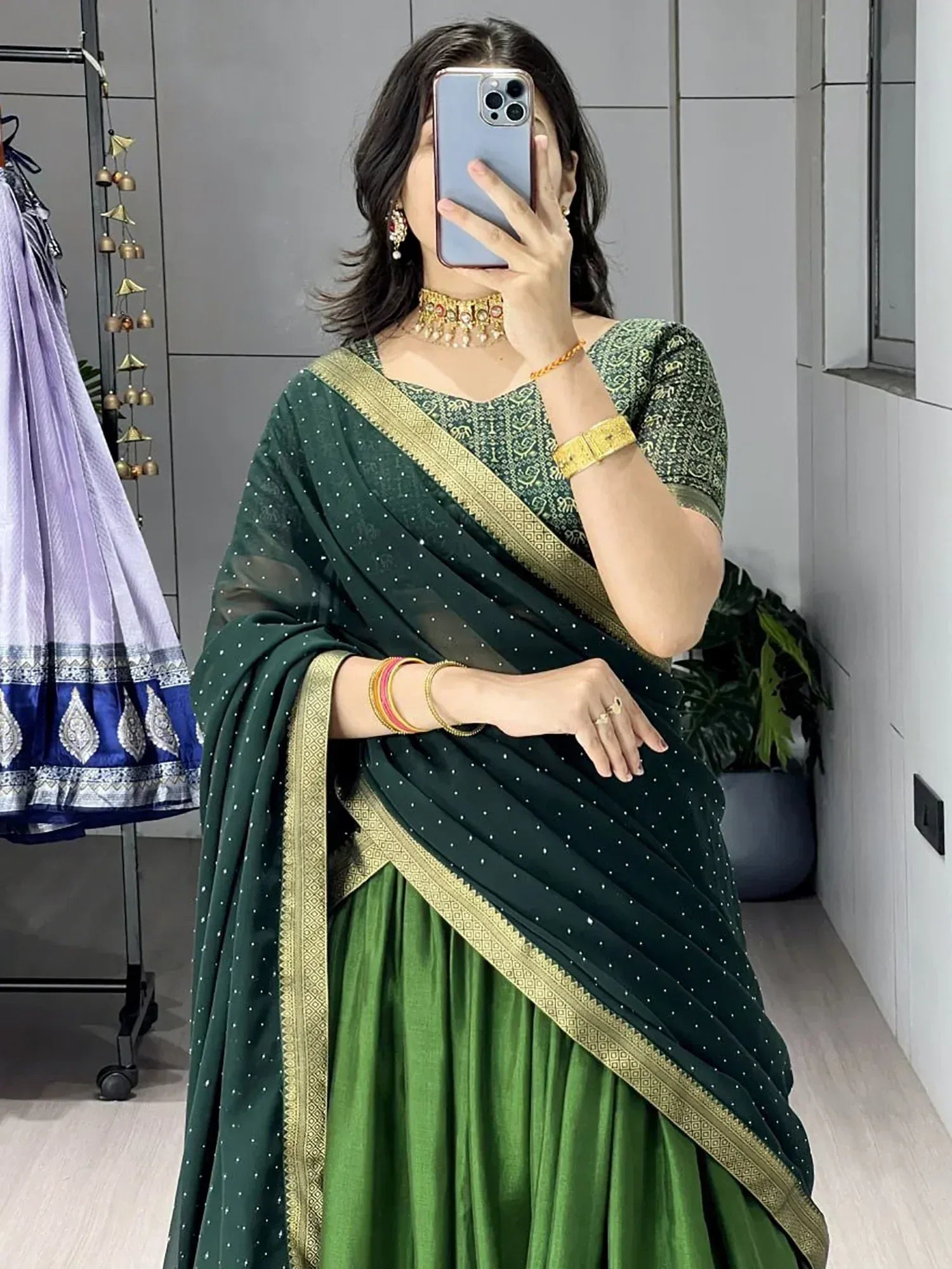 Dazzling Green Printed Cotton Function Wear Half Saree Lehenga